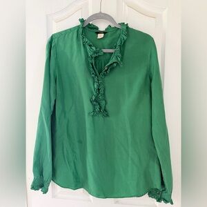 J. Crew 100% Silk Green Ruffled V-Neck Long Sleeve Top